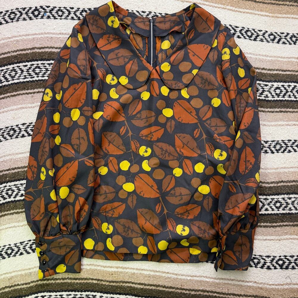 Women's Vintage 1970's Handmade Brown Yellow Leaf Print Blouse Shirt Sz Large